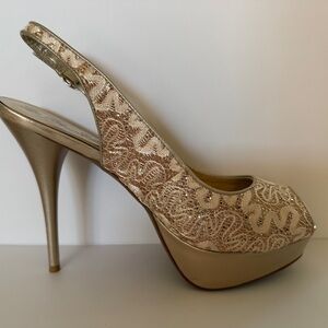 Women's Gold Lace & Sparkle Slingback Platform Heels